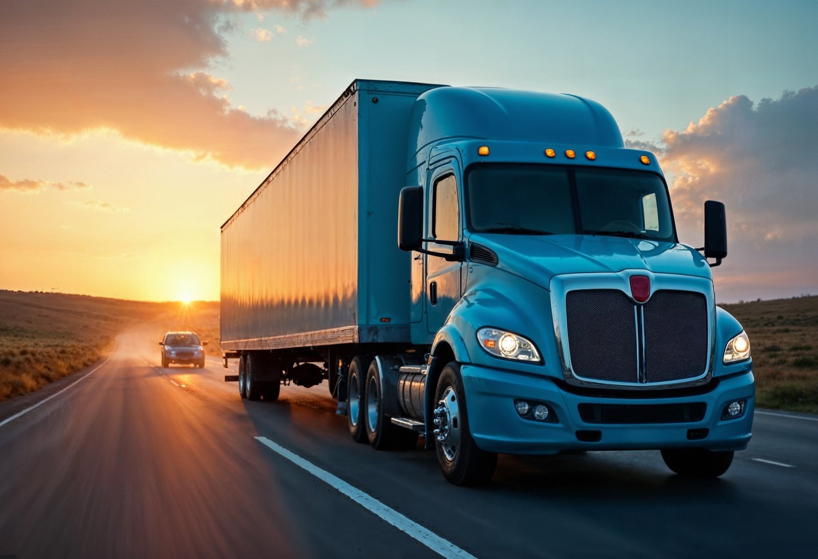 Camion sur la route au soleil couchant