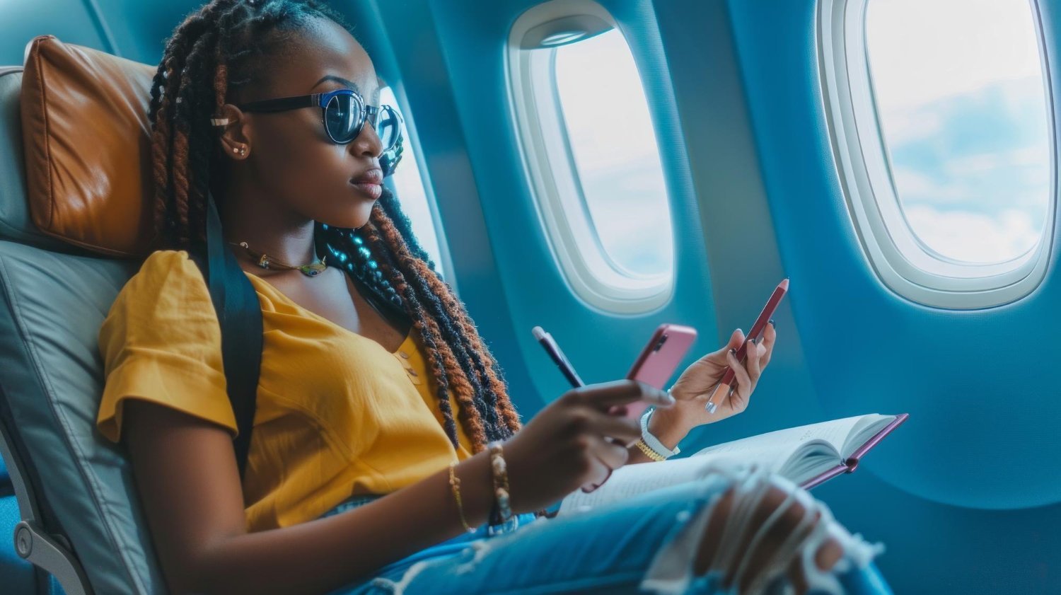 Voyageuse souriante à bord d'un avion